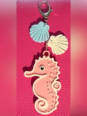 Hand Crafted Pink Seahorse Bag Charm with Blue and White Shells NWOT